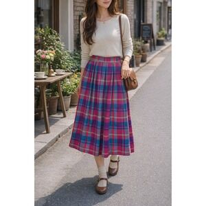 Vtg Michelle Stuart Plaid Wool Midi Skirt Made in Italy Size 6 Small
